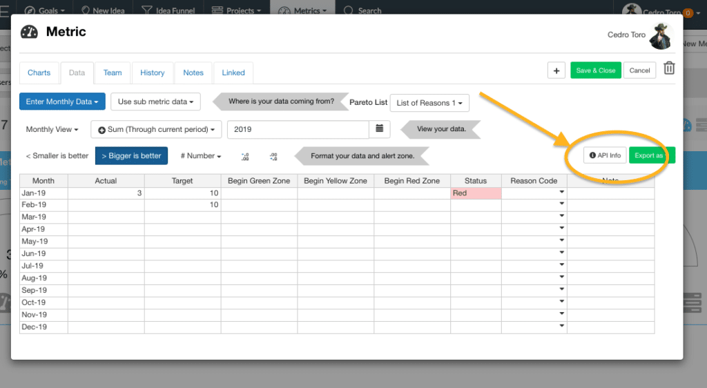 KPI Fire API button in metrics