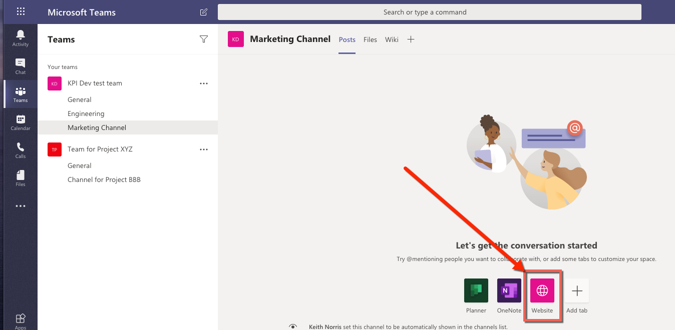 Microsoft Teams how to add a website