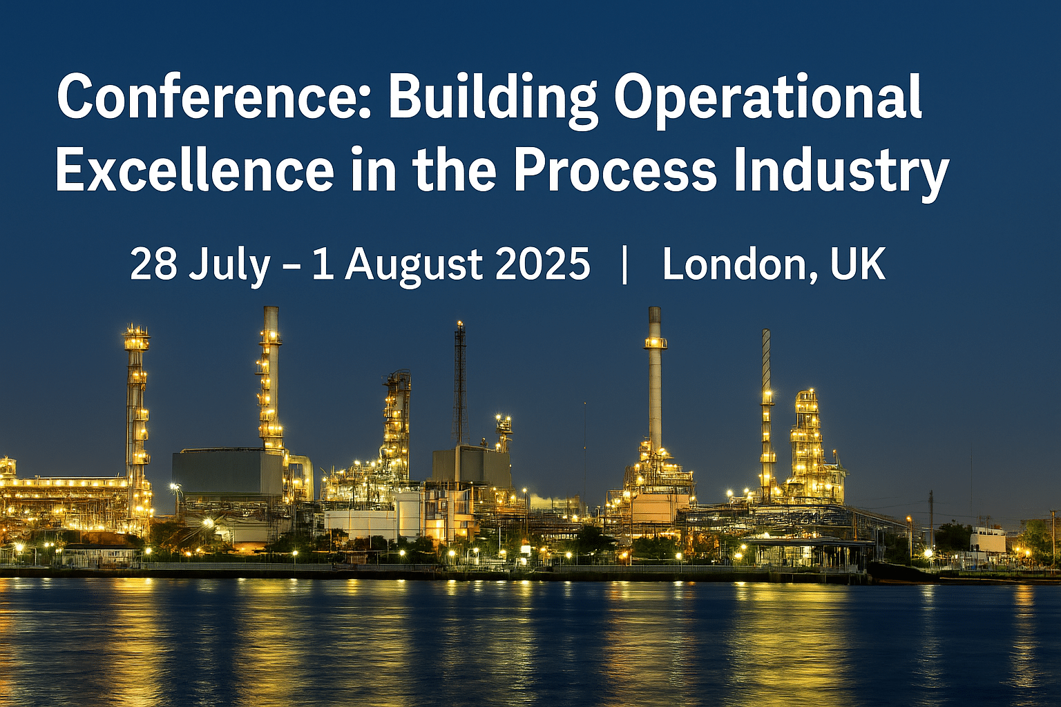Industrial refinery at night promoting the 2025 Conference on Building Operational Excellence in the Process Industry, held July 28 to August 1 in London, UK.