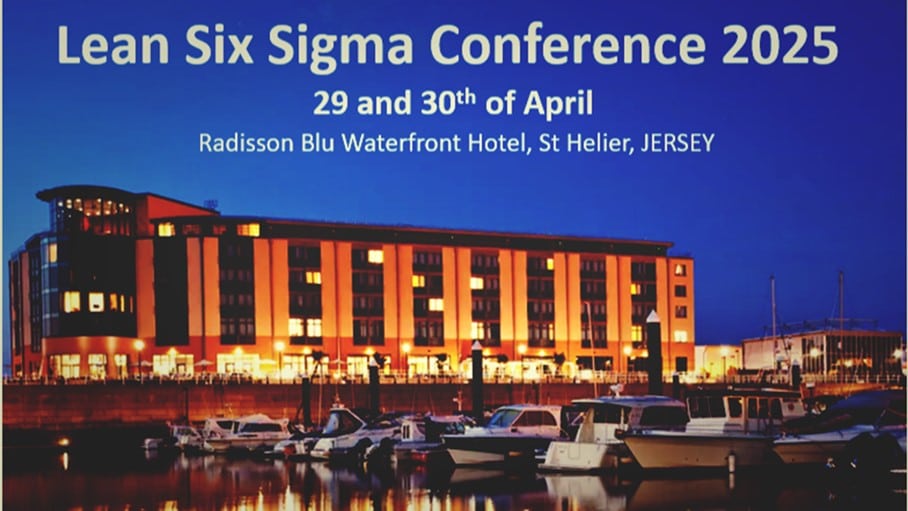 Lean Six Sigma Conference 2025 event banner showing Radisson Blu Waterfront Hotel in St Helier, Jersey, illuminated at night, promoting dates April 29–30, 2025.