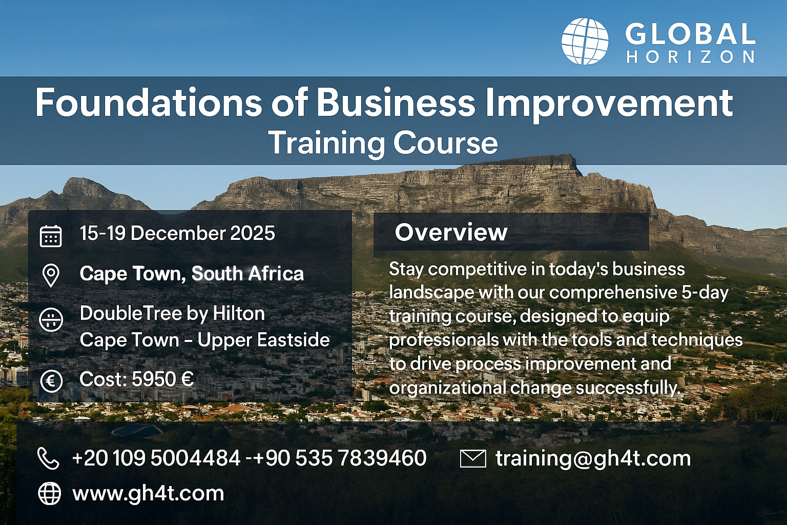 Promotional banner for the Foundations of Business Improvement Training Course by Global Horizon, showing Table Mountain in Cape Town, with course details including date, location, cost, and contact info.