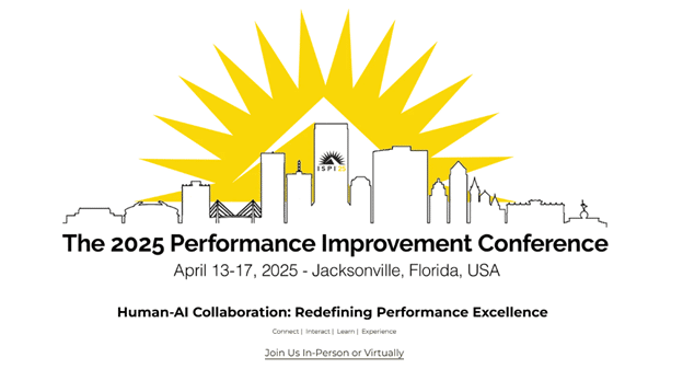 Skyline graphic of Jacksonville, Florida with sunburst and ISPI logo, promoting the 2025 Performance Improvement Conference, April 13–17.