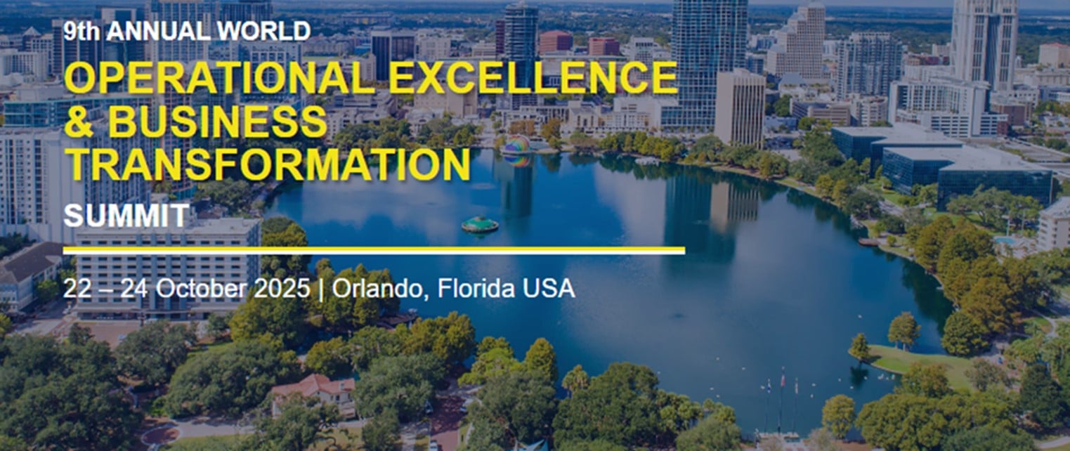 Aerial view of downtown Orlando with Lake Eola in the foreground, promoting the 9th Annual World Operational Excellence & Business Transformation Summit, October 22–24, 2025.