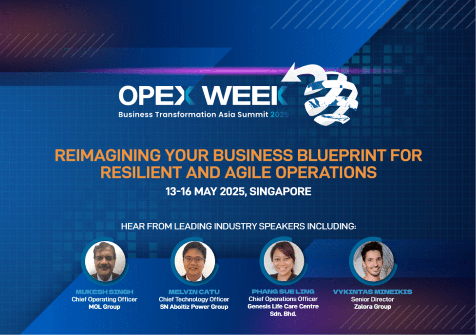 OPEX Week Asia Summit 2025 event banner with key speakers Mukesh Singh, Melvin Catu, Phang Sueling, and Vykintas Mineikis, taking place in Singapore from May 13 to 16, 2025.