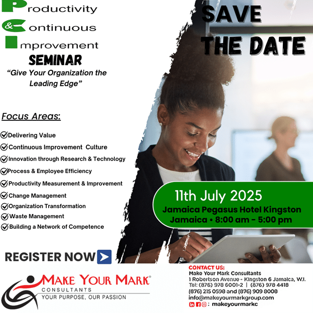 Smiling professional with a tablet at the Productivity & Continuous Improvement Seminar 2025 in Jamaica, focused on delivering value and driving organizational transformation.