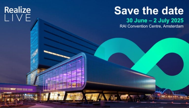 Modern exterior of RAI Convention Centre in Amsterdam lit up for Realize LIVE 2025, scheduled for June 30 to July 2.