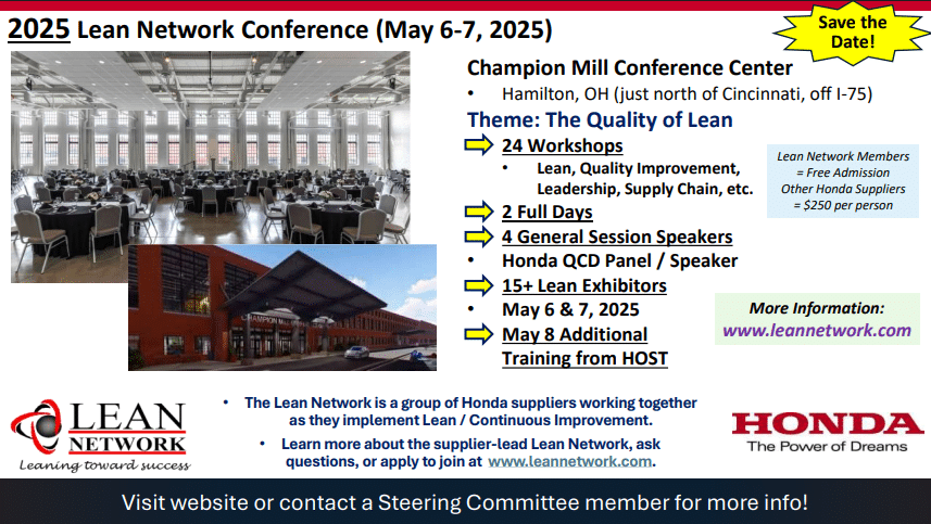 Promotional flyer for the 2025 Lean Network Conference at Champion Mill Conference Center in Hamilton, Ohio, featuring workshops, speakers, and Lean exhibitors.