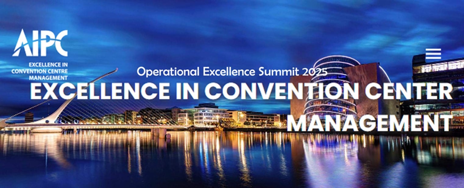 Operational Excellence Summit 2025 banner by AIPC, showcasing excellence in convention center management with a cityscape night view.