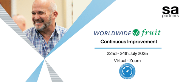 Smiling man at a professional event with text promoting the Worldwide Fruit Continuous Improvement virtual workshop on July 22–24, 2025, via Zoom.