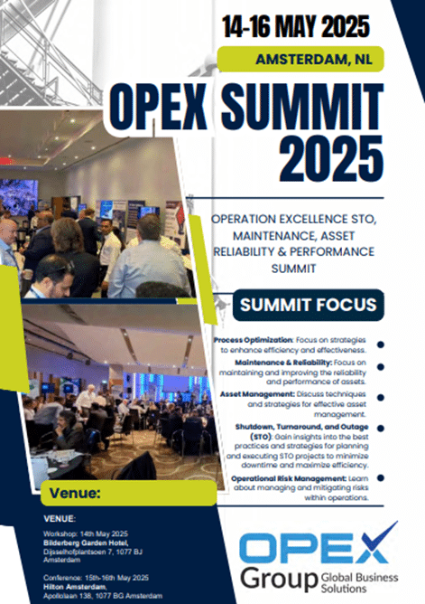 Banner for OPEX Summit 2025 in Amsterdam, focusing on Operational Excellence, STO, Maintenance, Asset Reliability, and Performance, from May 14–16, 2025.