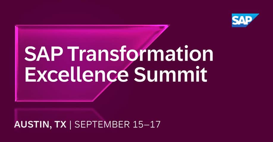 Banner for SAP Transformation Excellence Summit 2025 in Austin, Texas, highlighting dates September 15 to 17 and featuring SAP branding.