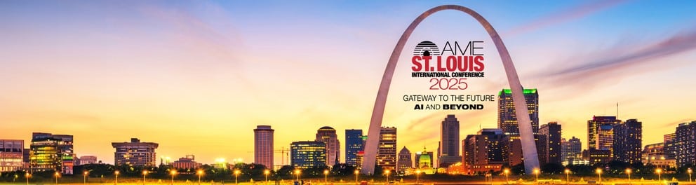 Skyline of St. Louis with the Gateway Arch promoting the 2025 AME International Conference themed “Gateway to the Future: AI and Beyond.”