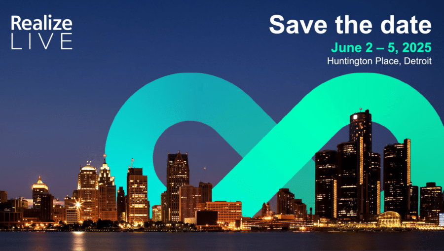 Realize LIVE 2025 event banner with Detroit skyline, announcing event dates June 2–5, 2025 at Huntington Place, Detroit.