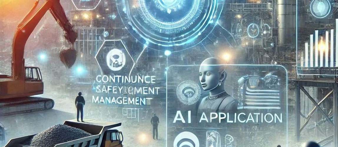 Futuristic industrial scene showcasing AI application in safety and operations management, with robots, construction equipment, and holographic technology interfaces.
