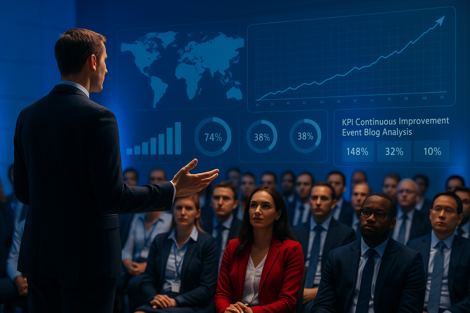 Business conference speaker presenting to a professional audience with digital KPI dashboards, charts, and global performance data on screen, illustrating continuous improvement and operational excellence strategies.