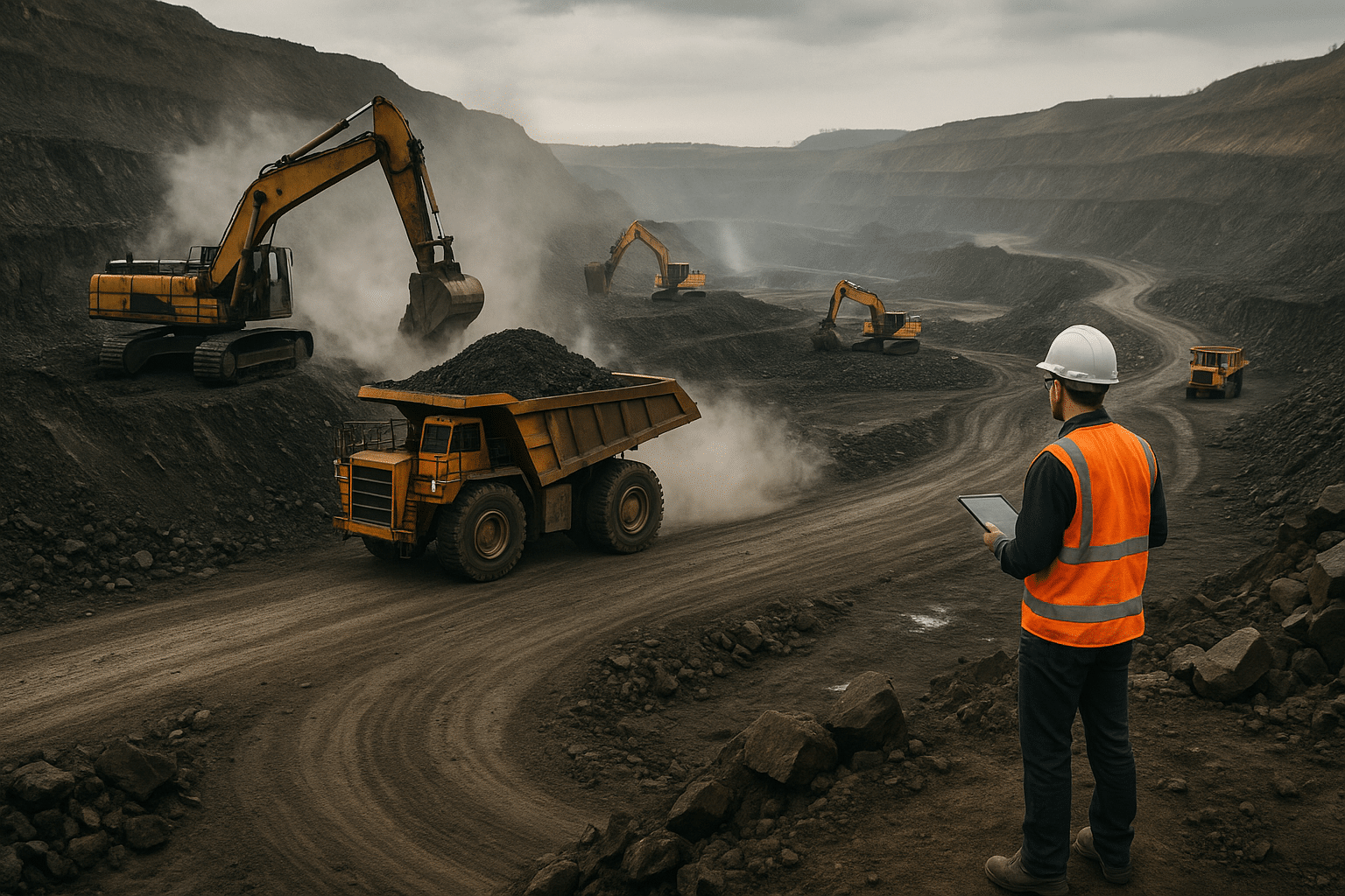 Mining site with excavators and dump trucks operating under cloudy skies as a worker in safety gear monitors activity using a tablet.
