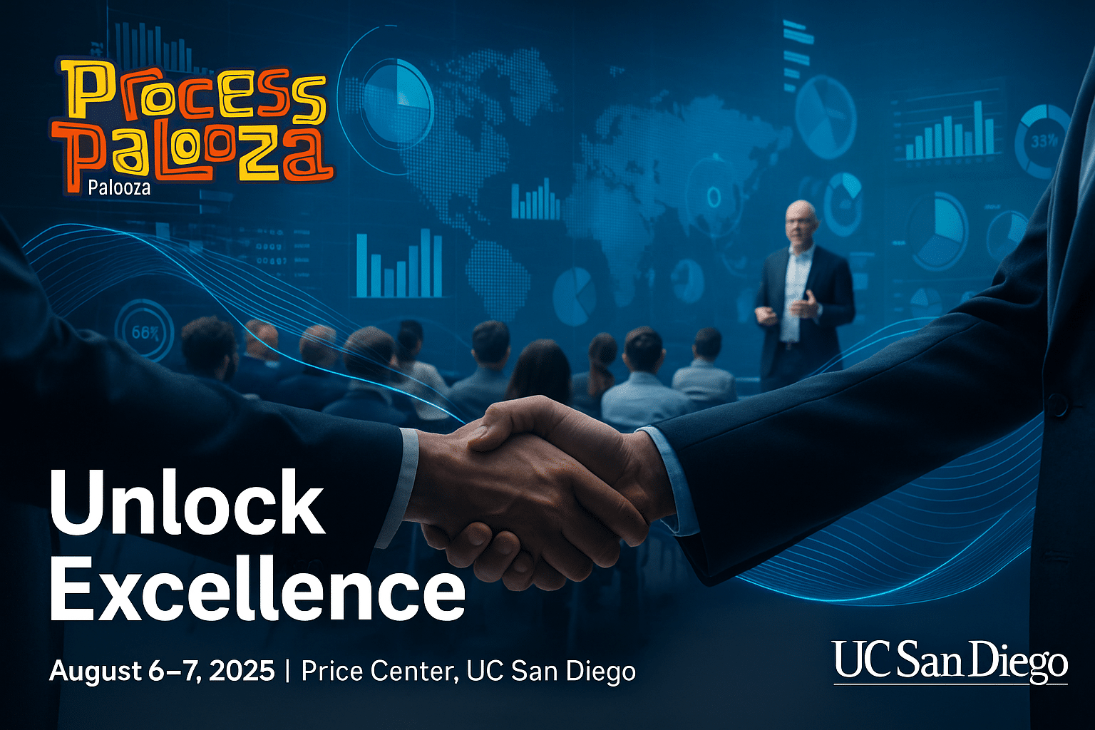 Process Palooza 2025 | Operational Excellence & Innovation Conference | UC San Diego Professional digital flyer for Process Palooza 2025 at UC San Diego featuring a handshake in front of a business audience and futuristic data dashboard visuals, promoting operational excellence and digital transformation.